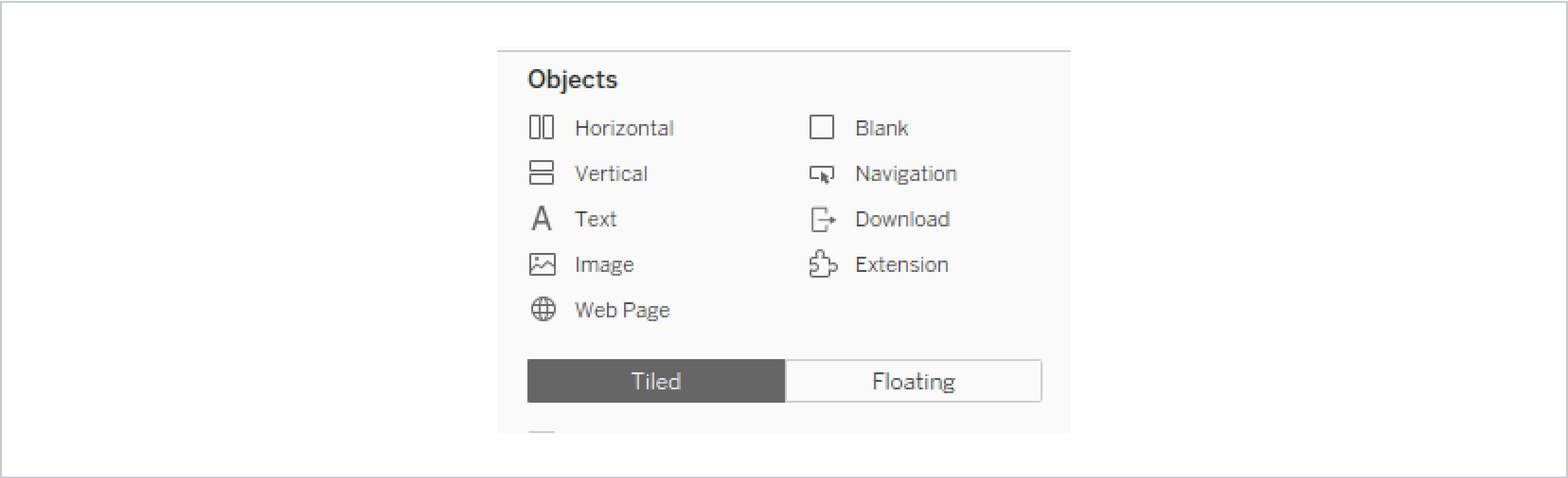 Tableau object types from the Dashboard panel