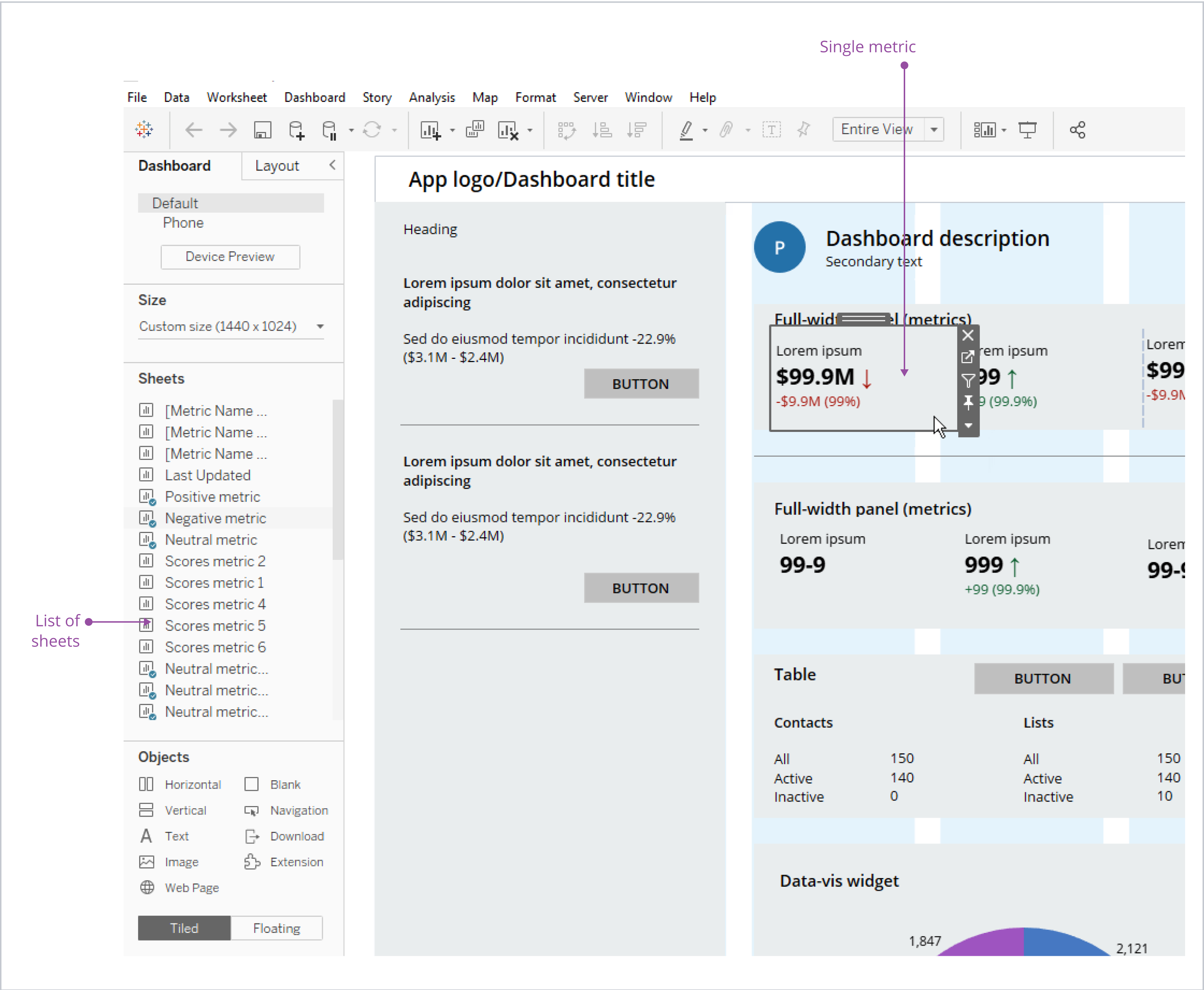 Tableau sheets list