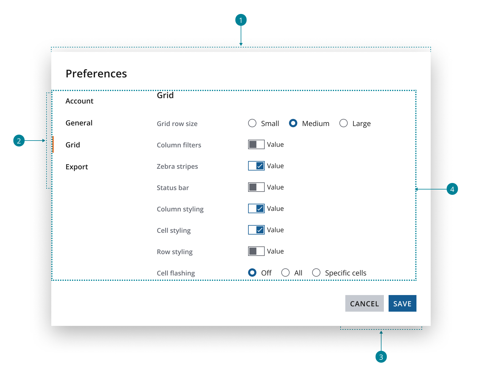 Preferences Dialog navigation and content.